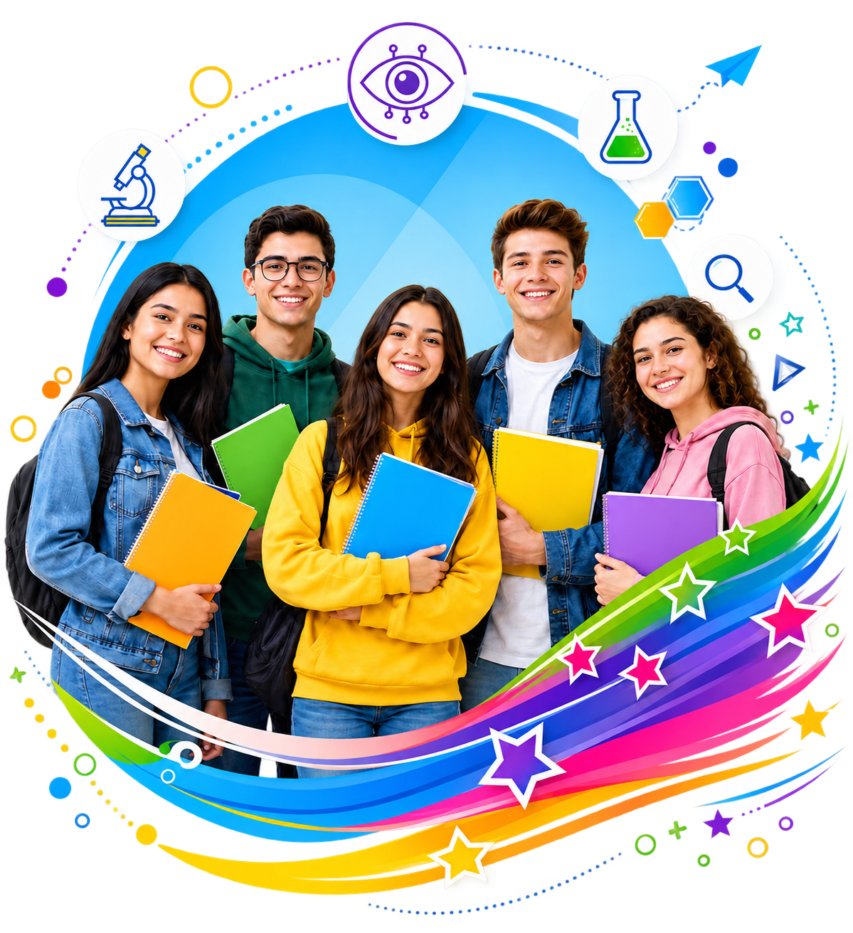 Group of diverse young students holding colorful notebooks