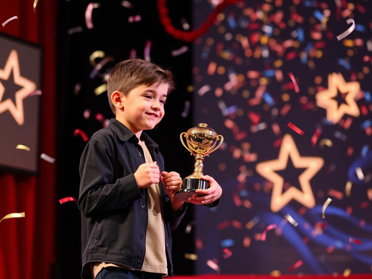 A young winner holding a trophy on stage